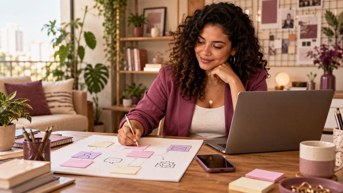 Empreendedora planejando automação de processos no computador