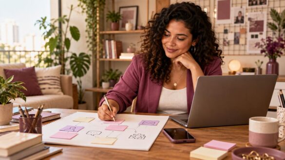 Empreendedora planejando automação de processos no computador