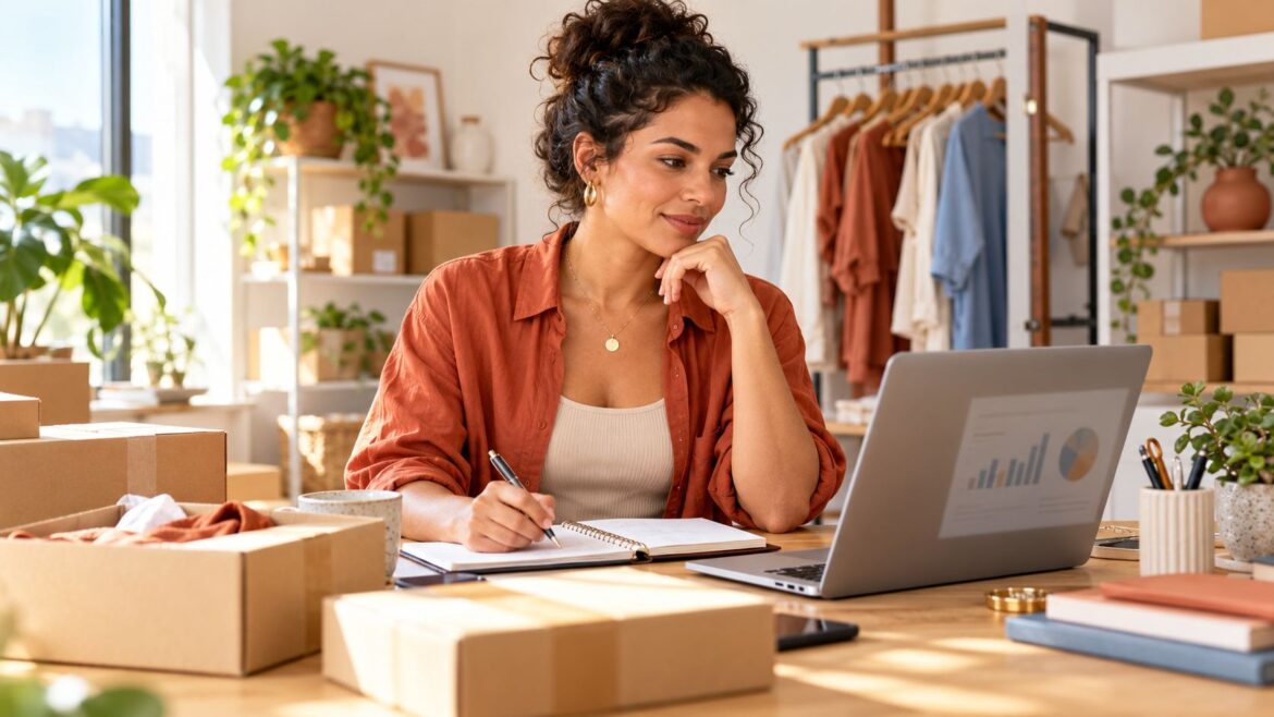 Empreendedora analisando o planejamento financeiro e o estoque da loja