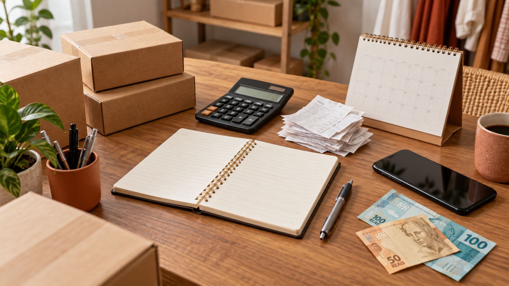Caderno, calculadora, calendário e caixas usados no planejamento do capital de giro