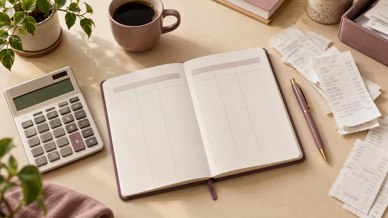 Caderno de controle financeiro com calculadora e recibos