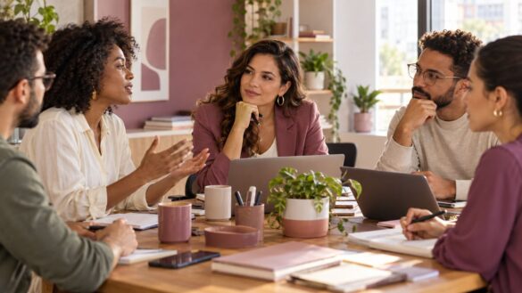 Empresária escutando ideias da equipe em reunião