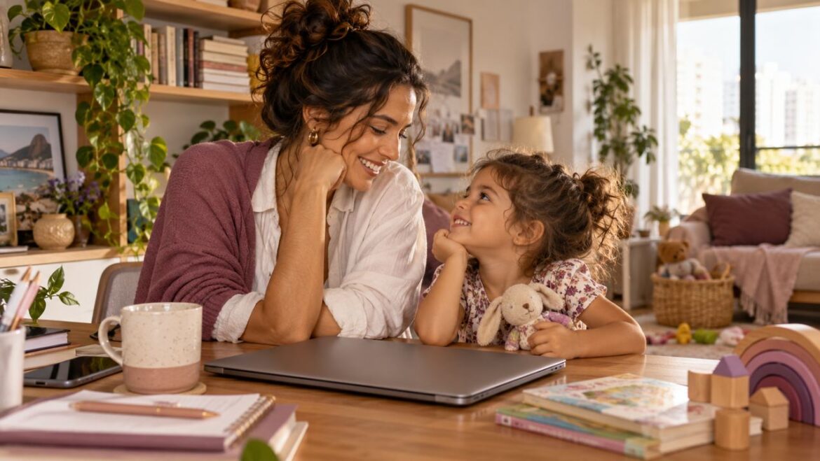 Mãe empreendedora em um momento com a filha no escritório de casa