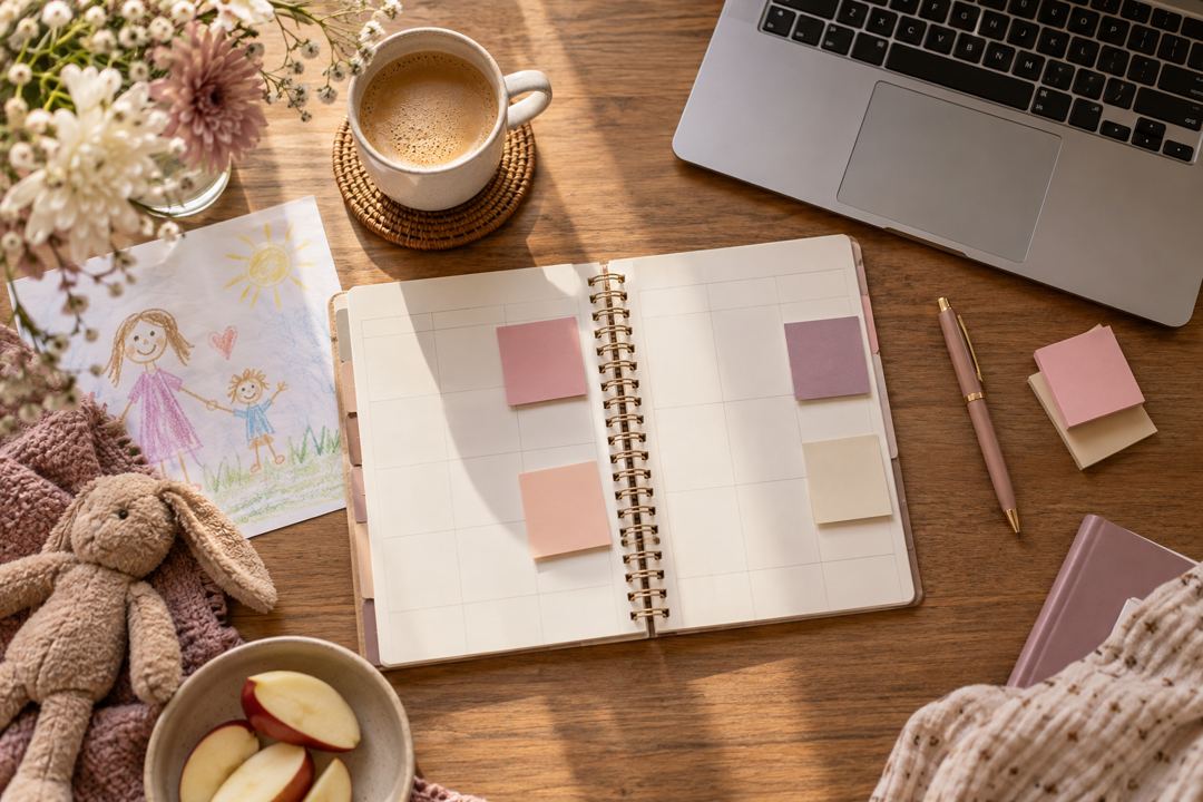 Planejamento semanal de trabalho e família sobre a mesa