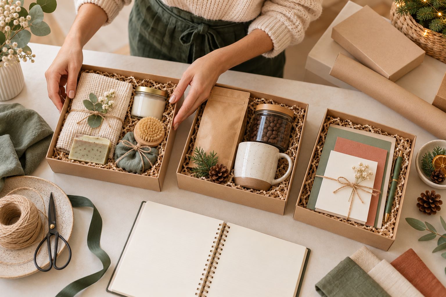 Três opções de kits de presente natalinos com autocuidado, café e papelaria sobre mesa de trabalho