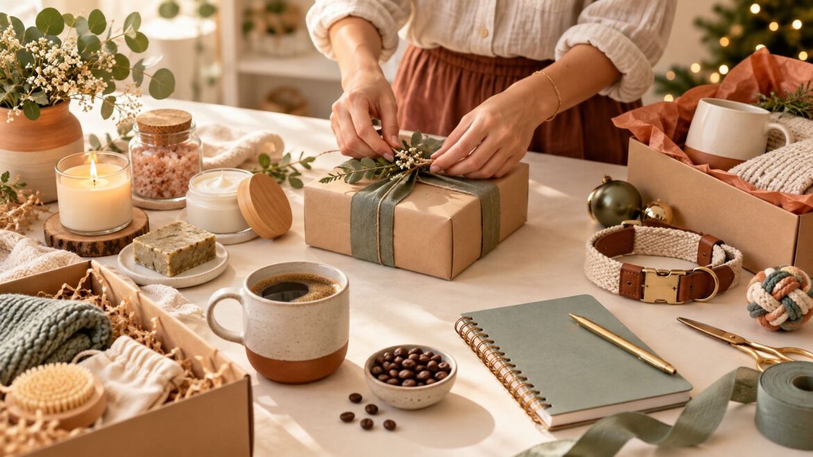 Empreendedora embalando presentes de Natal com produtos de autocuidado, café, papelaria e acessórios