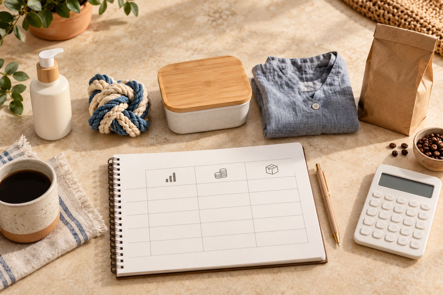Amostras de produtos, caderno e calculadora para avaliar demanda e margem de diferentes nichos