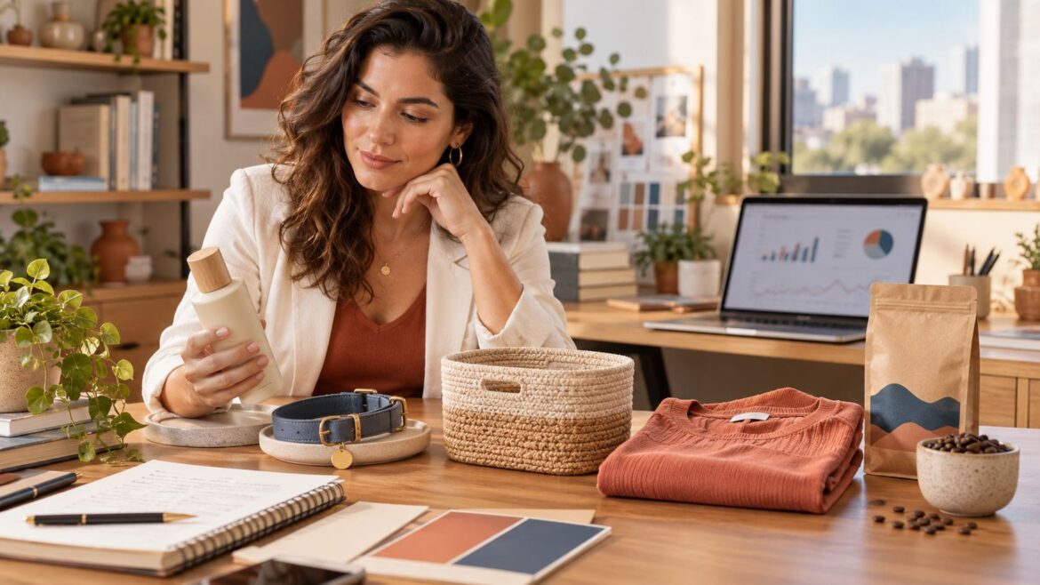 Empreendedora analisando amostras de produtos de diferentes nichos para uma loja virtual