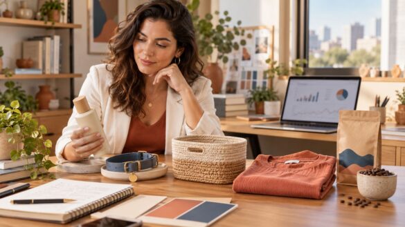 Empreendedora analisando amostras de produtos de diferentes nichos para uma loja virtual
