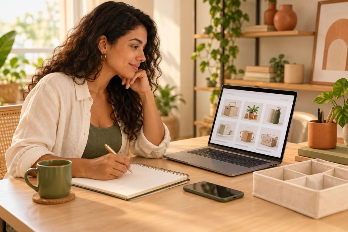 Empreendedora planejando loja virtual em cena ilustrativa