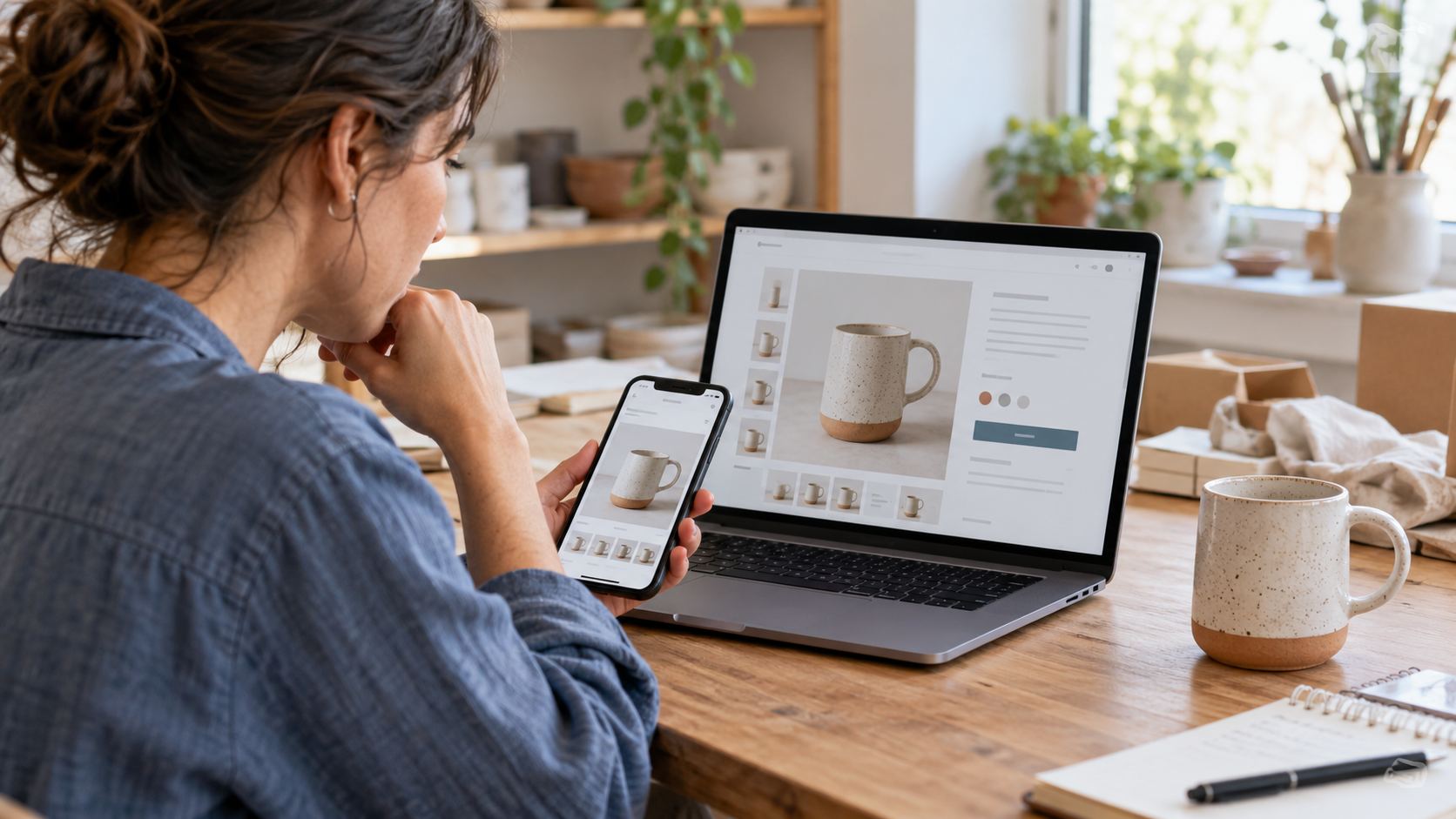 Empreendedora comparando uma página de produto no computador e no celular