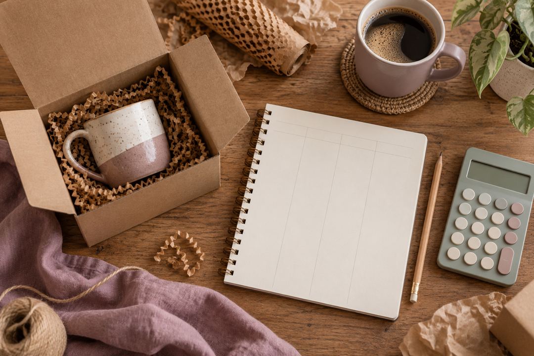 Produto embalado ao lado de caderno e calculadora para planejar preço