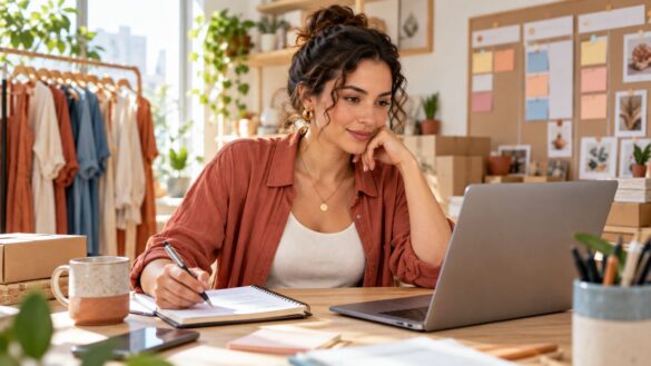 Empreendedora organizando processos da empresa no computador e em um caderno