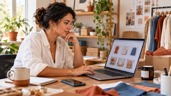 Empreendedora avaliando a aparência e os produtos da própria loja virtual