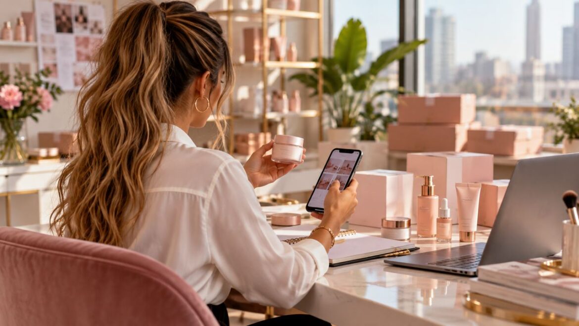 Imagem conceitual de uma empreendedora analisando cosméticos e canal digital