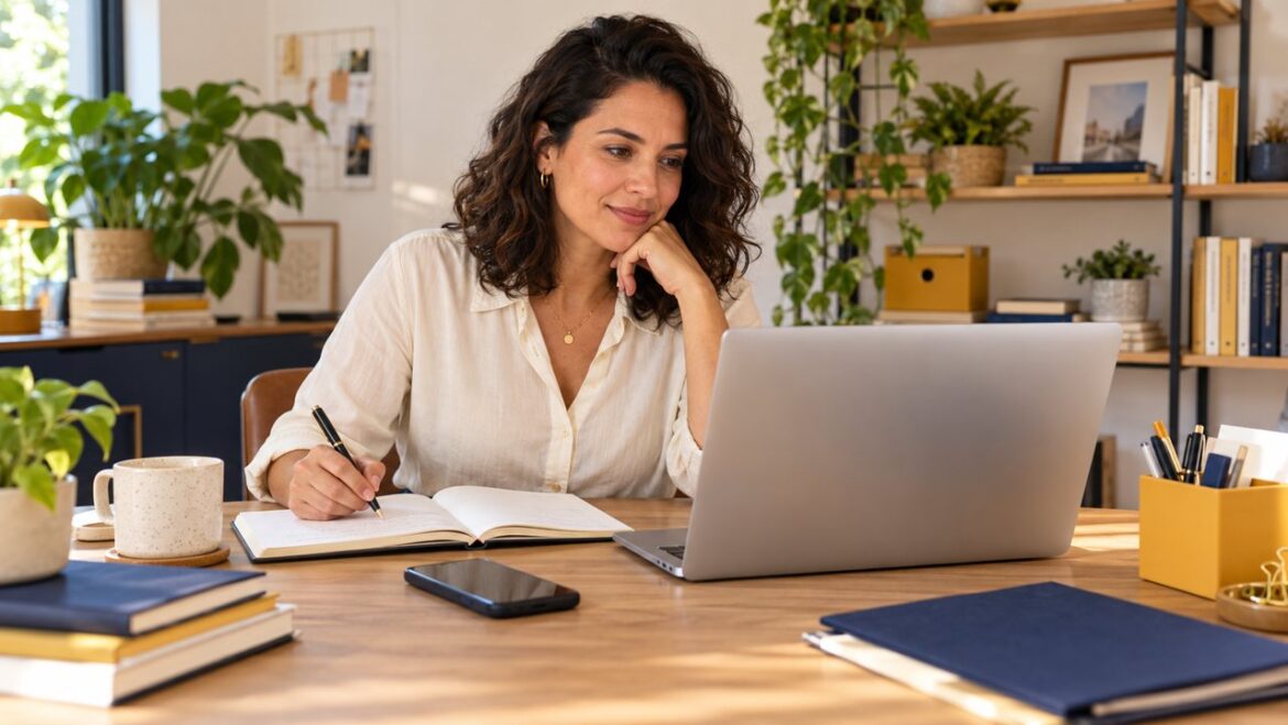 Empreendedora organiza o trabalho com notebook e caderno em um pequeno escritório