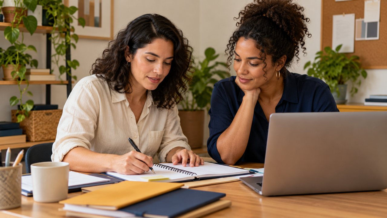 Duas profissionais planejam a rotina de trabalho com caderno e notebook