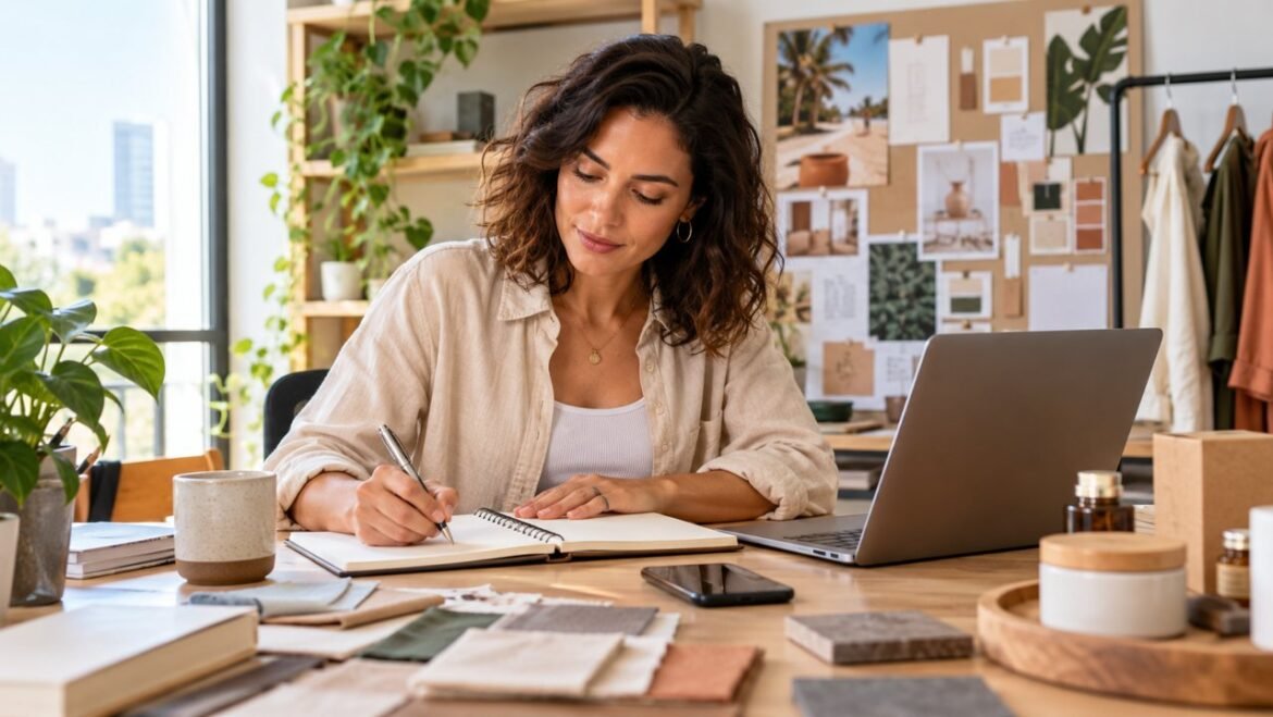 Empreendedora escrevendo ideias em um caderno ao lado de notebook e materiais de trabalho.