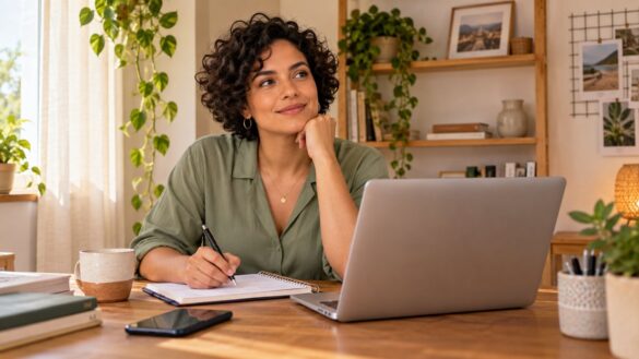 Empreendedora planejando seu projeto de conteúdo em um escritório em casa.