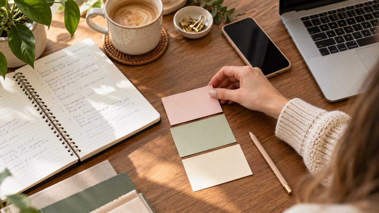 Mão organizando cartões de planejamento ao lado de um caderno e notebook.