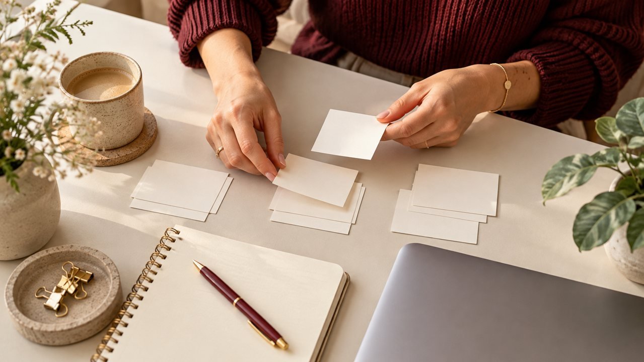 Mãos organizando cartões de tarefas em grupos ao lado de um caderno.