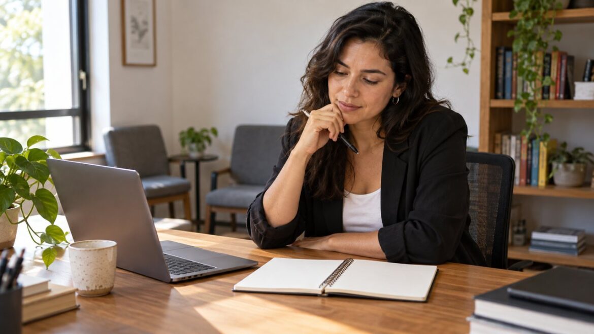 Empreendedora refletindo sobre o planejamento da empresa em uma mesa de trabalho