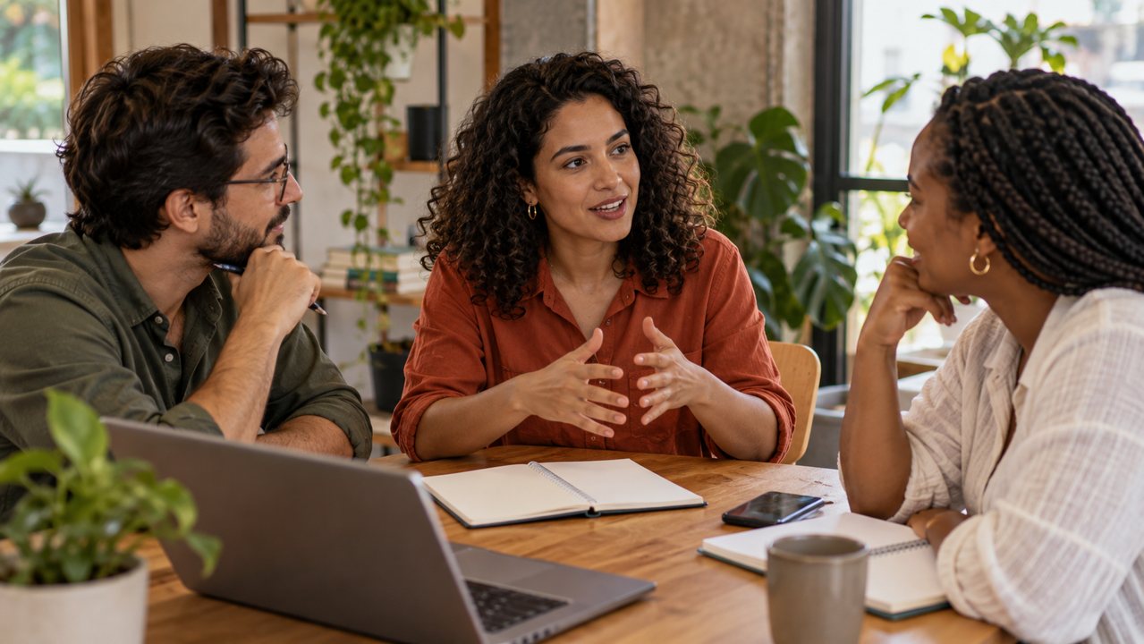 Empreendedora e dois colegas discutindo um planejamento em uma mesa de reunião