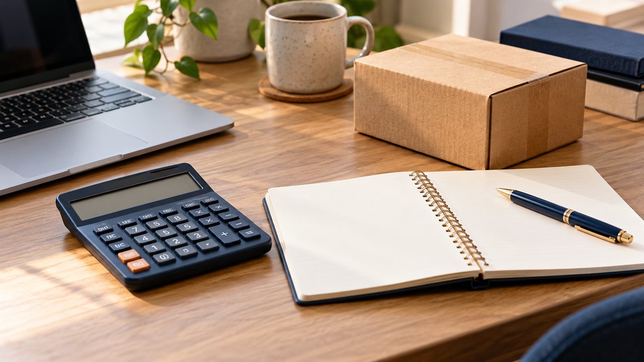 Calculadora, caderno e caixa de pedido em uma mesa de trabalho