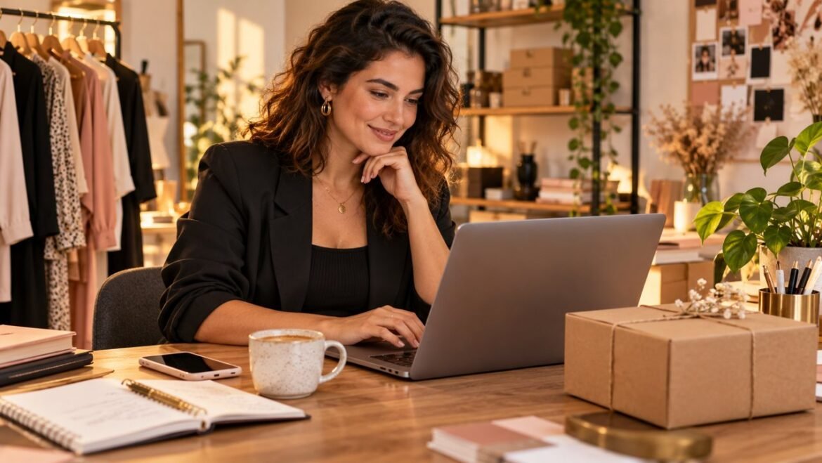 Empreendedora prepara campanha de e-mail no computador
