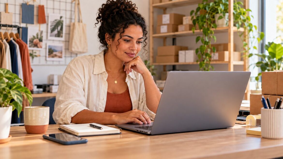 Empreendedora organizando atividades da empresa no notebook