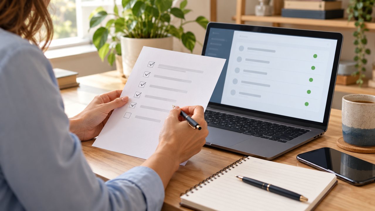 Conferência de checklist ao lado de um notebook com lista de tarefas