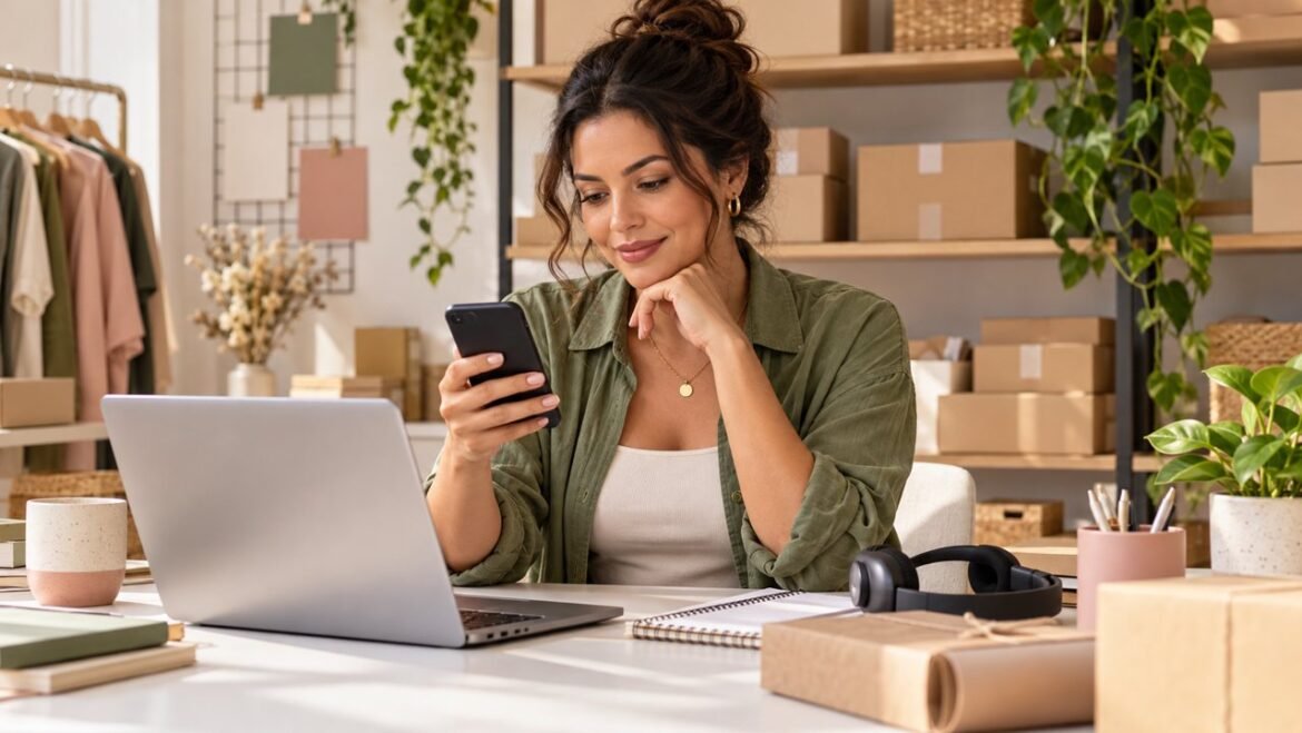 Empreendedora consulta o celular em uma loja virtual com pedidos organizados.