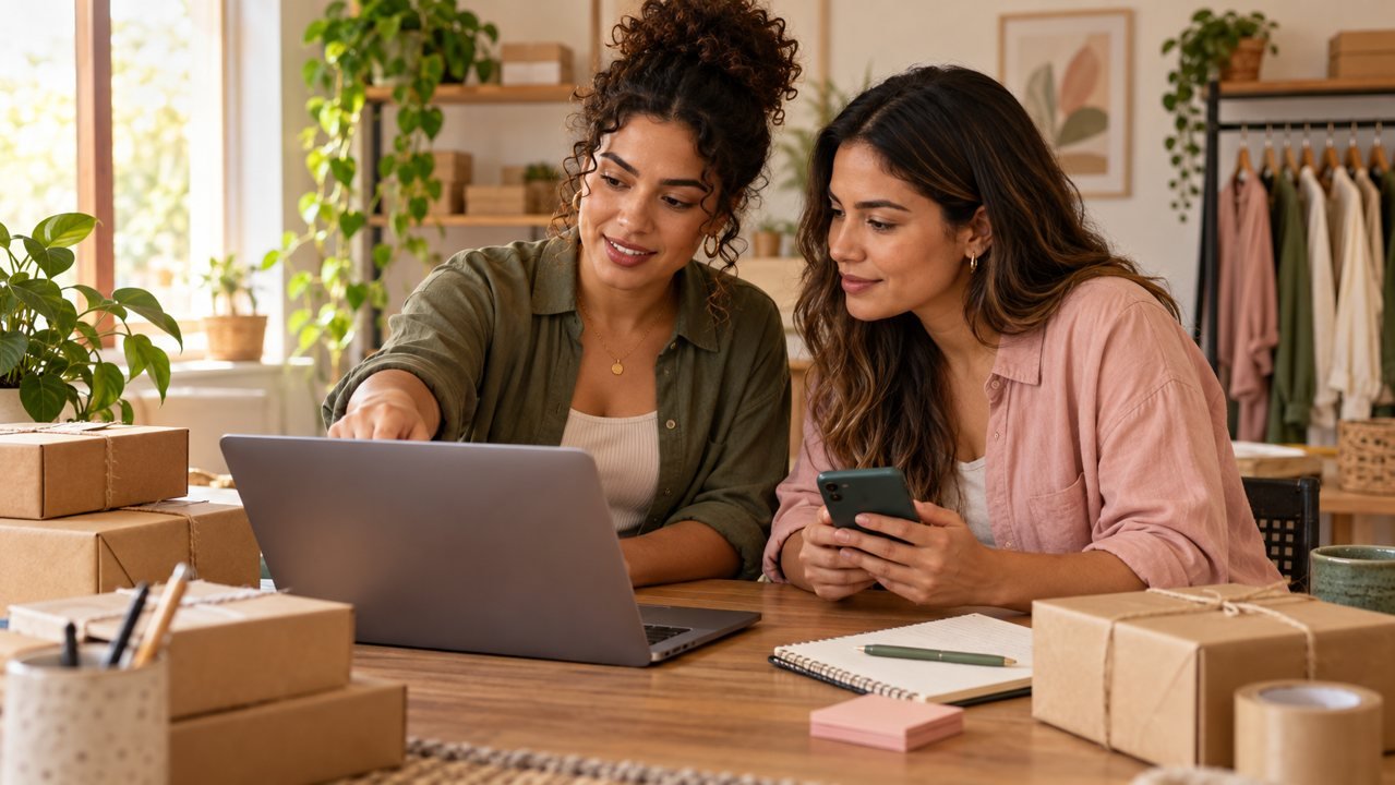 Duas profissionais revisam o atendimento da loja em um computador e um celular.