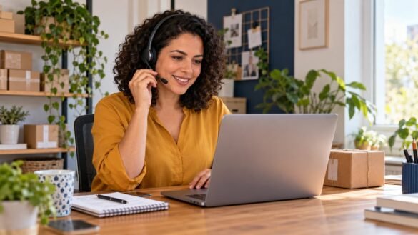 Empreendedora atende com headset e notebook em uma pequena empresa