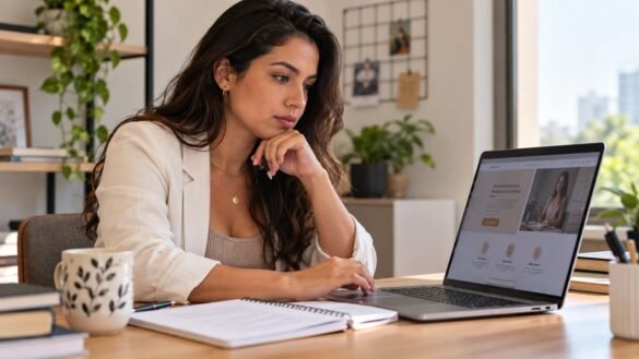 Profissional analisando uma página ilustrativa de curso online no notebook e fazendo anotações.