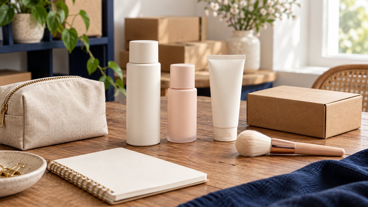Cosméticos, pincel, nécessaire e caixa sobre uma mesa de organização de pedidos