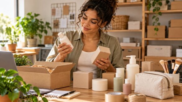 Empreendedora conferindo embalagens de produtos de beleza em uma mesa de trabalho