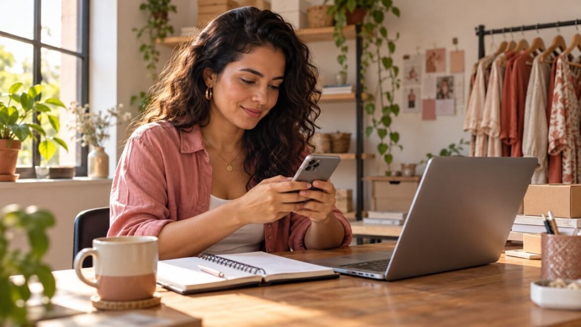 Empreendedora consulta o celular em uma mesa com caderno e computador, em uma pequena loja.