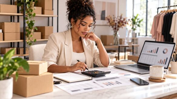 Empreendedora confere o planejamento financeiro da loja com calculadora, notebook e estoque