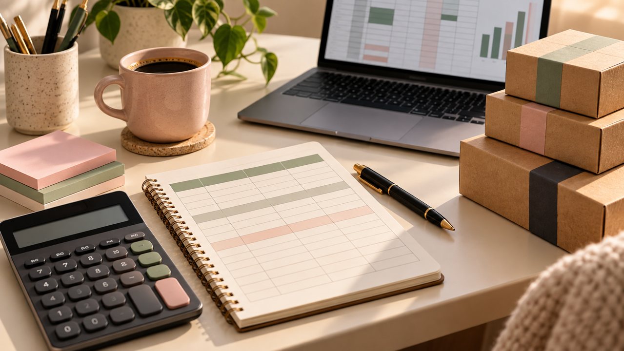 Calculadora, controle financeiro e caixas de estoque sobre uma mesa de trabalho
