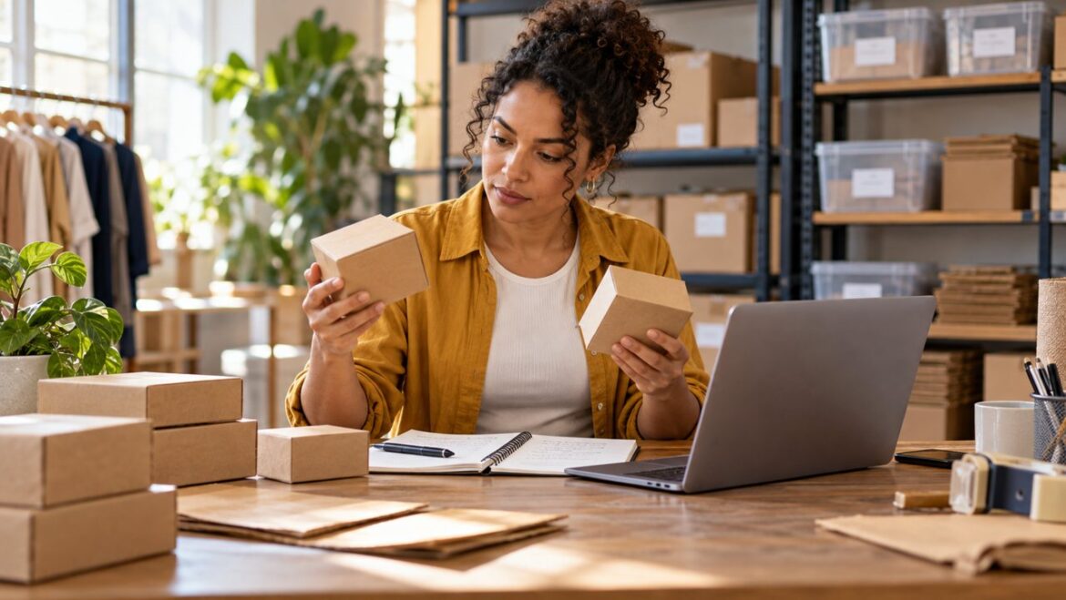 Empreendedora compara caixas de produtos durante o planejamento do estoque