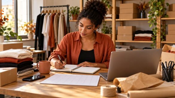 Empreendedora planejando a campanha de Black Friday em uma mesa de trabalho com produtos e embalagens