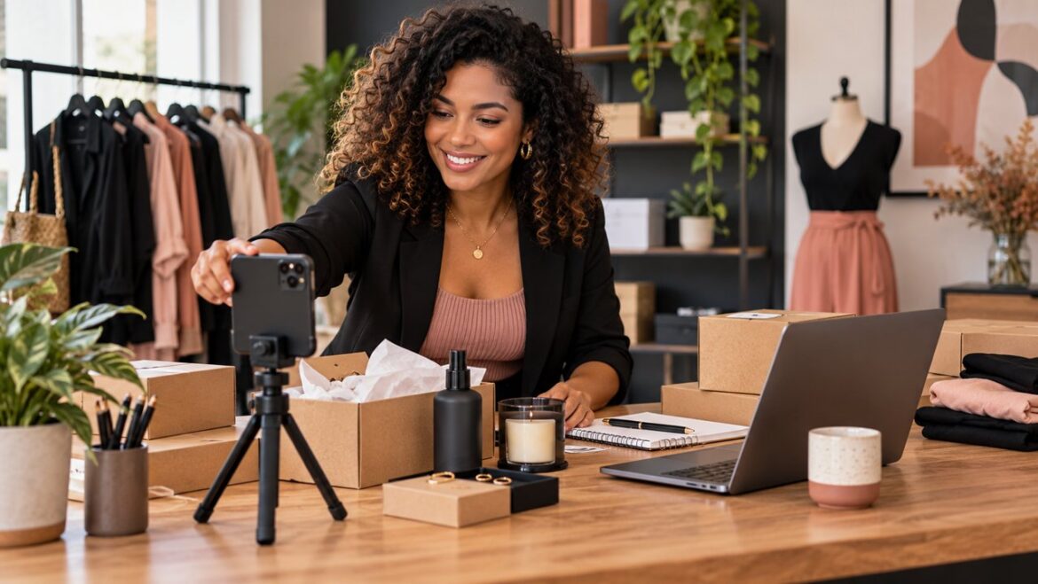 Empreendedora prepara uma gravação de produtos para a campanha de Black Friday da sua loja