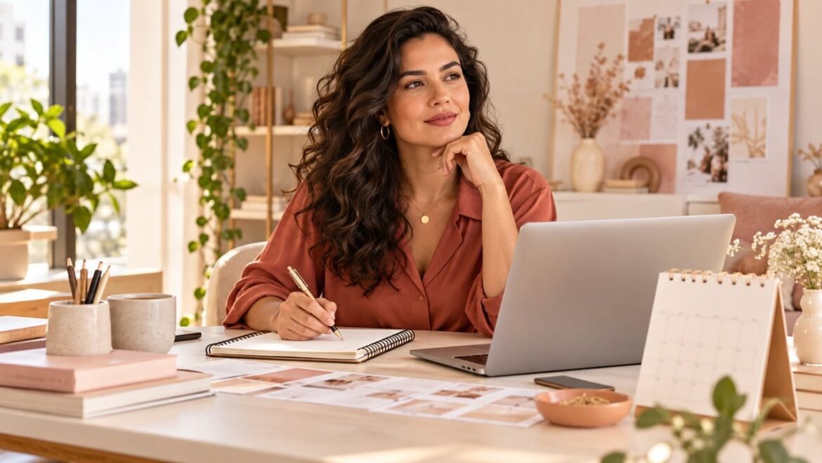 Empreendedora planeja pacotes de serviços com notebook e agenda