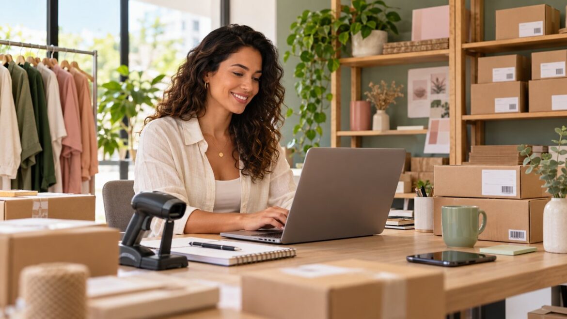 Empreendedora organiza a gestão da loja com notebook, leitor de código de barras e estoque