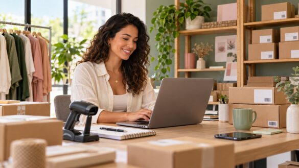 Empreendedora organiza a gestão da loja com notebook, leitor de código de barras e estoque