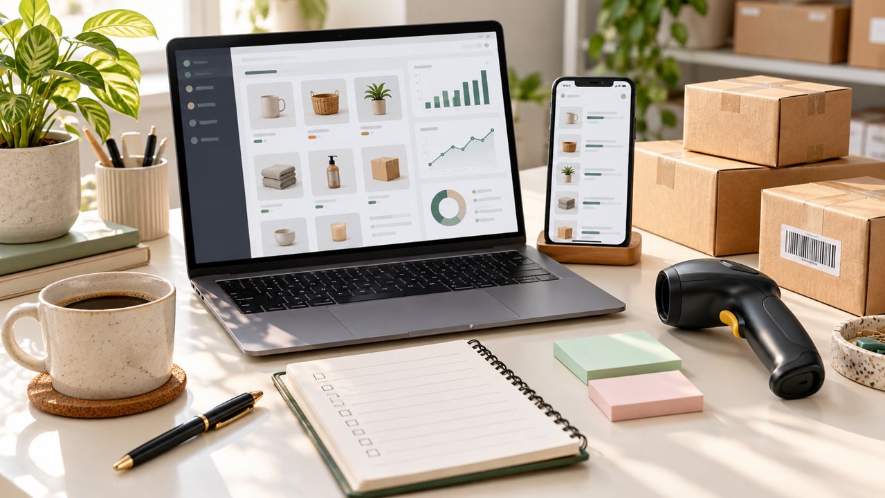 Notebook com interface ilustrativa de gestão, checklist, leitor de código de barras e caixas de estoque