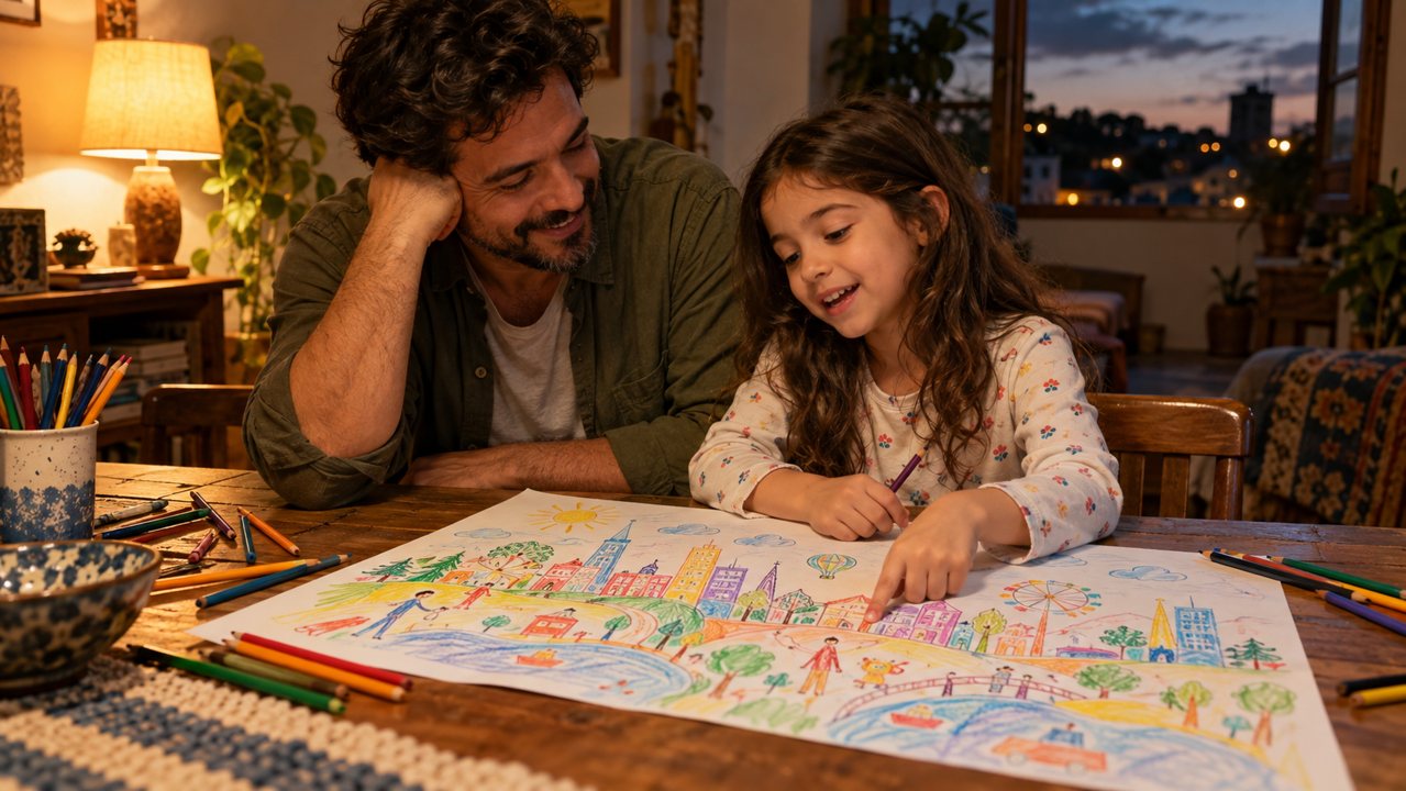 Pai e filha desenhando juntos uma cidade imaginária à mesa