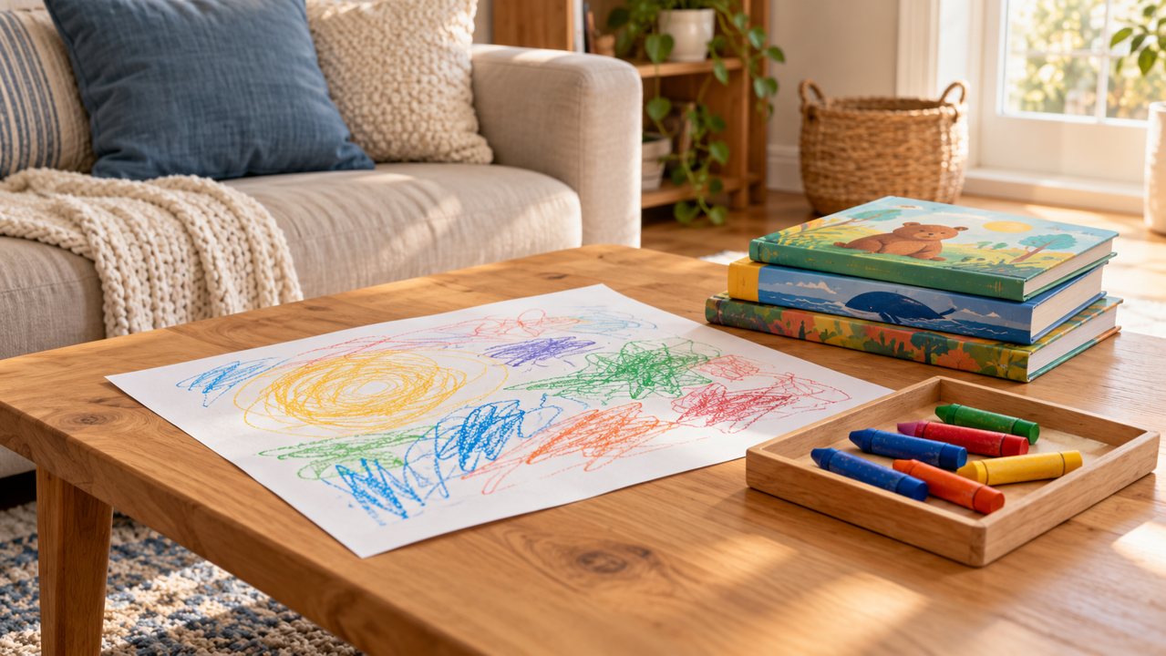 Papel com desenho colorido, giz de cera e livros ilustrados sobre uma mesa.