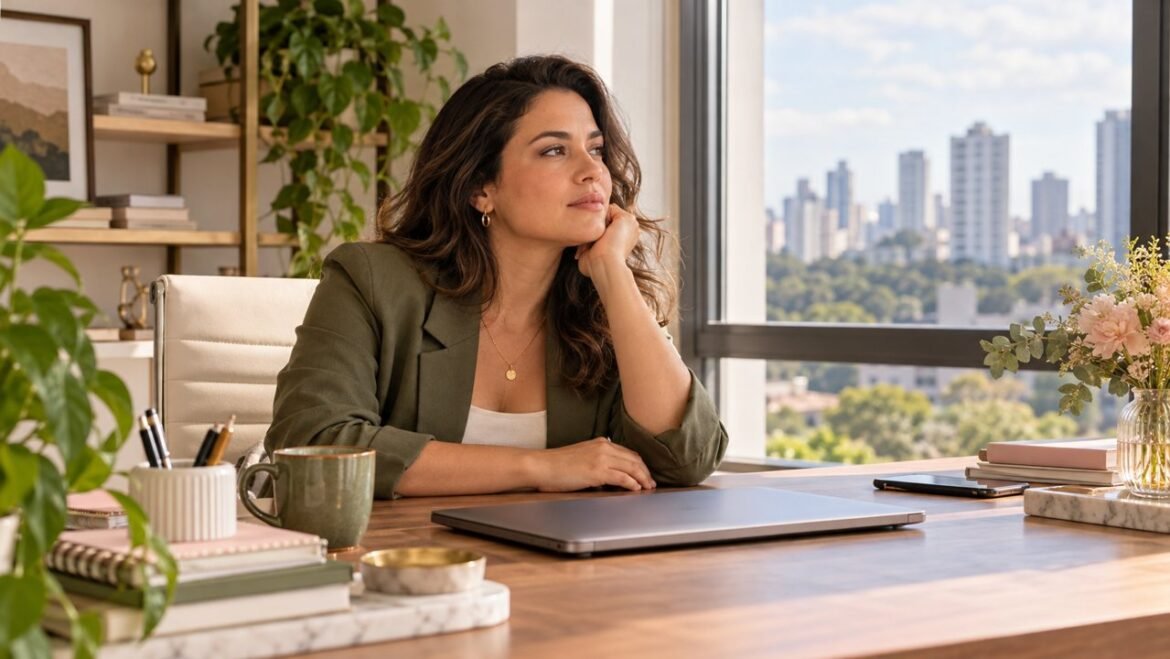 Empreendedora faz uma pausa ao lado de um computador fechado, perto da janela.